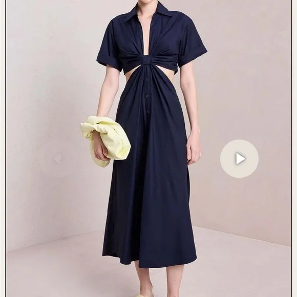 ALC Blue Midi Sundress with Notched Collar and Cuffed Sleeves